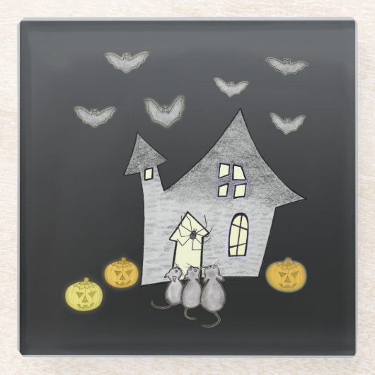 Halloween huis, zwarte katten, vleermuizen, pompoe glazen onderzetter (Voorkant)