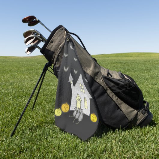 Halloween huis, zwarte katten, vleermuizen, pompoe golfhanddoek (Groen)