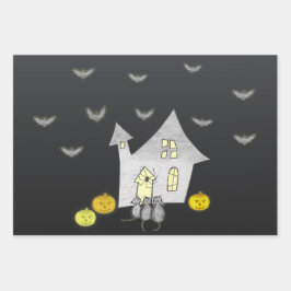 Halloween huis, zwarte katten, vleermuizen, pompoe inpakpapier vel