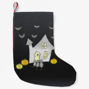 Halloween huis, zwarte katten, vleermuizen, pompoe kleine kerstsok