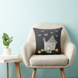 Halloween huis, zwarte katten, vleermuizen, pompoe kussen