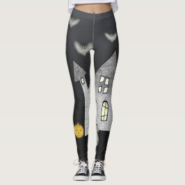 Halloween huis, zwarte katten, vleermuizen, pompoe leggings