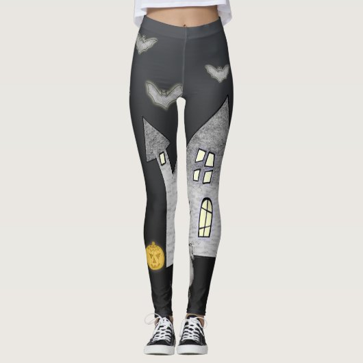 Halloween huis, zwarte katten, vleermuizen, pompoe leggings (Voorkant)