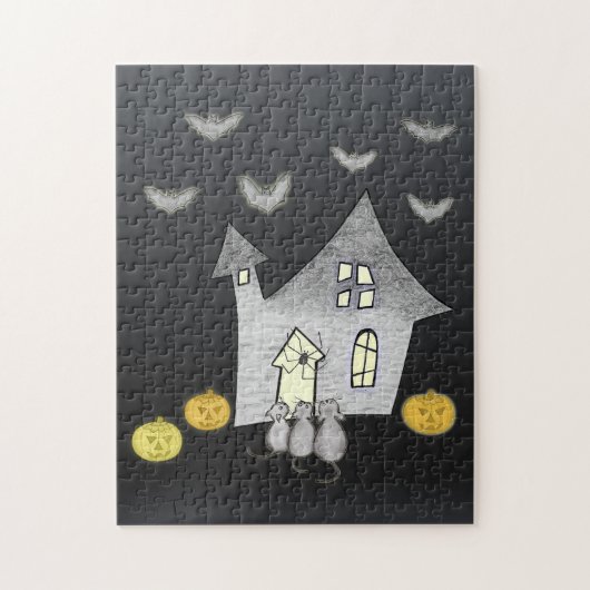 Halloween huis, zwarte katten, vleermuizen, pompoe legpuzzel (Verticaal)