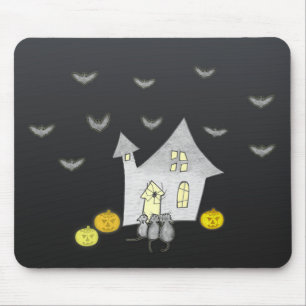 Halloween huis, zwarte katten, vleermuizen, pompoe muismat