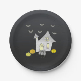 Halloween huis, zwarte katten, vleermuizen, pompoe papieren bordje