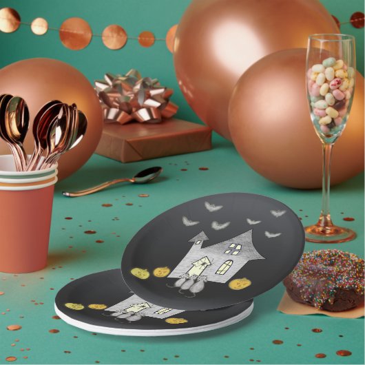 Halloween huis, zwarte katten, vleermuizen, pompoe papieren bordje (Multi)