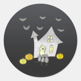 Halloween huis, zwarte katten, vleermuizen, pompoe ronde sticker