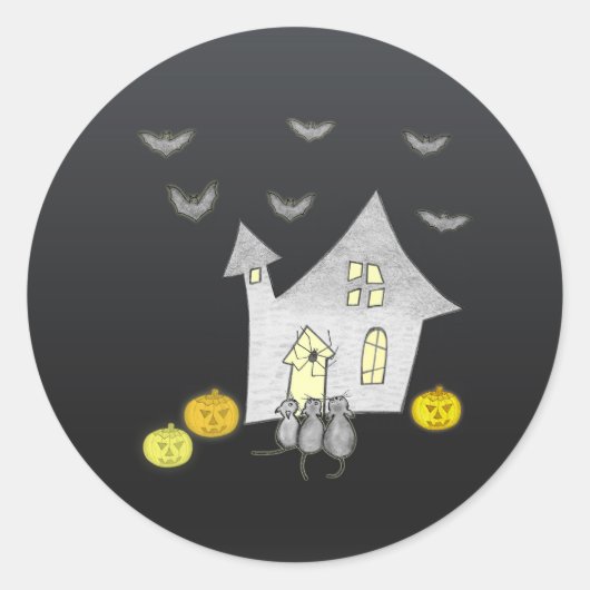 Halloween huis, zwarte katten, vleermuizen, pompoe ronde sticker (Voorkant)