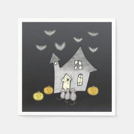 Halloween huis, zwarte katten, vleermuizen, pompoe servet