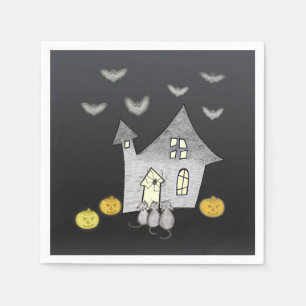 Halloween huis, zwarte katten, vleermuizen, pompoe servet