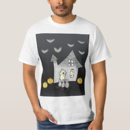 Halloween huis, zwarte katten, vleermuizen, pompoe t-shirt