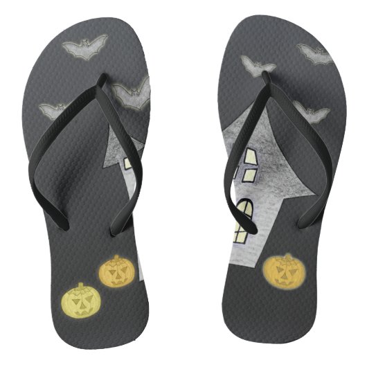 Halloween huis, zwarte katten, vleermuizen, pompoe teenslippers (Voetbed)