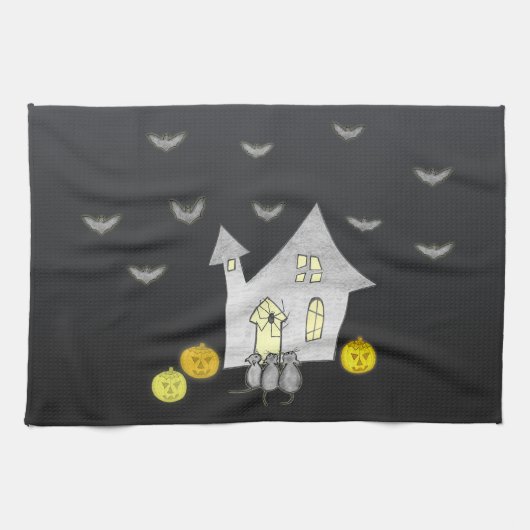 Halloween huis, zwarte katten, vleermuizen, pompoe theedoek (Horizontaal)