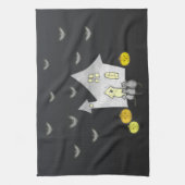 Halloween huis, zwarte katten, vleermuizen, pompoe theedoek (Verticaal)
