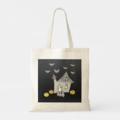 Halloween huis, zwarte katten, vleermuizen, pompoe tote bag (Achterkant)