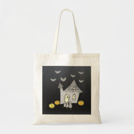 Halloween huis, zwarte katten, vleermuizen, pompoe tote bag