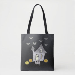 Halloween huis, zwarte katten, vleermuizen, pompoe tote bag