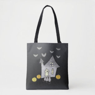 Halloween huis, zwarte katten, vleermuizen, pompoe tote bag