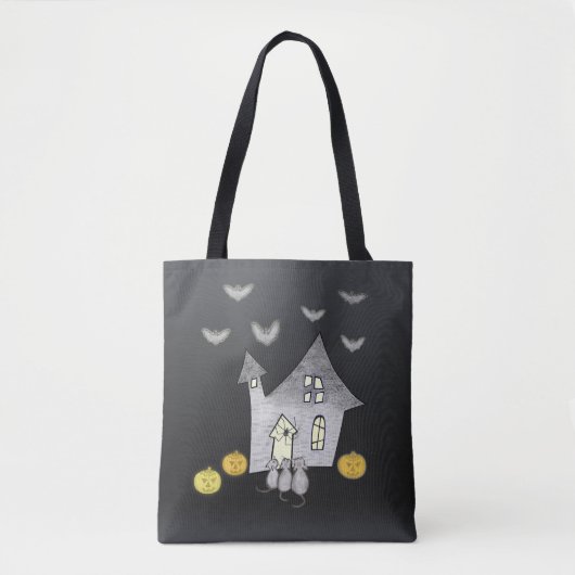 Halloween huis, zwarte katten, vleermuizen, pompoe tote bag (Voorkant)