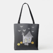 Halloween huis, zwarte katten, vleermuizen, pompoe tote bag (Achterkant)