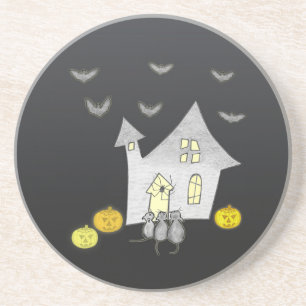 Halloween huis, zwarte katten, vleermuizen, pompoe zandsteen onderzetter