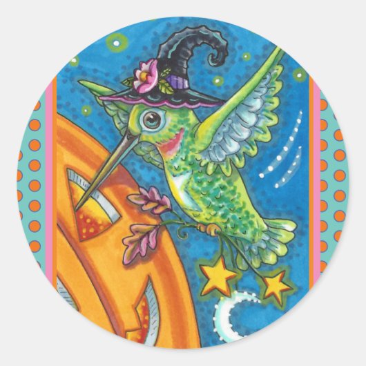 HALLOWEEN HUMMINGBIRD EN JACK O LANTERN WHIMSY CLA RONDE STICKER (Voorkant)