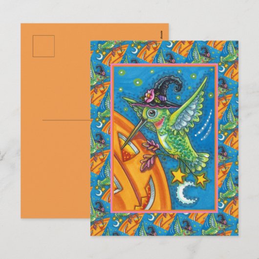 HALLOWEEN HUMMINGBIRD EN JACK O LANTERN WHIMSY FEESTDAGENKAART (Voorkant / Achterkant)