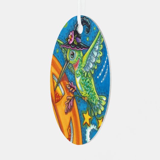 HALLOWEEN HUMMINGBIRD EN JACK O LANTERN WHIMSY METALEN ORNAMENT (Voorkant links)