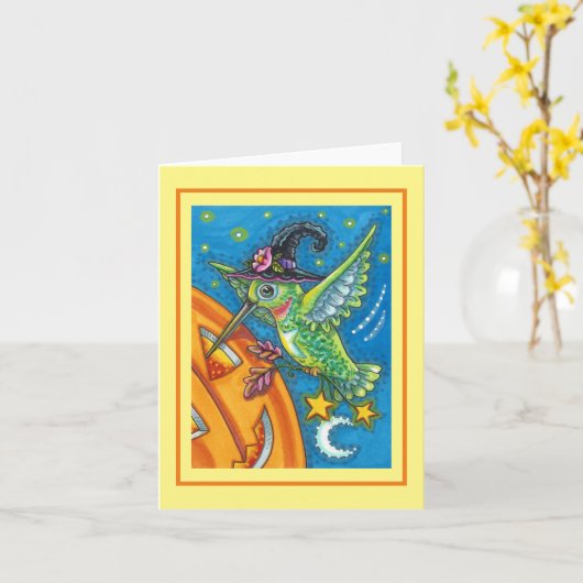 HALLOWEEN HUMMINGBIRD, JACK O LANTERN WHIMSY Blank Kaart (Gele Bloem)