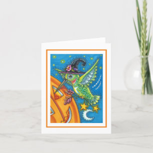 HALLOWEEN HUMMINGBIRD, JACK O LANTERN WHIMSY Blank Kaart