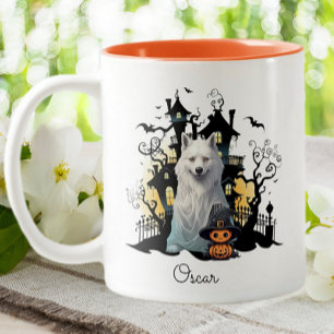 Halloween Husky Ghost Haunted House gepersonalisee Tweekleurige Koffiemok