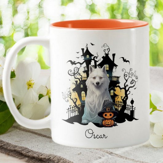 Halloween Husky Ghost Haunted House gepersonalisee Tweekleurige Koffiemok