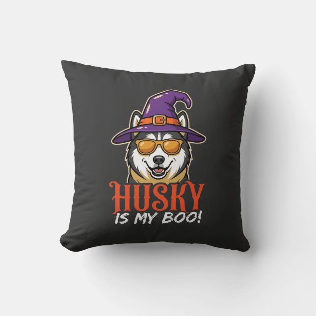 Halloween Husky Is My Boo Heksenhoed Kussen (Voorkant)