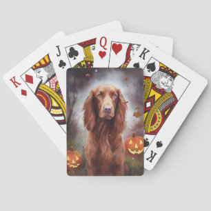 Halloween Ierse Roodharige Setter Met Pompoenen En Pokerkaarten