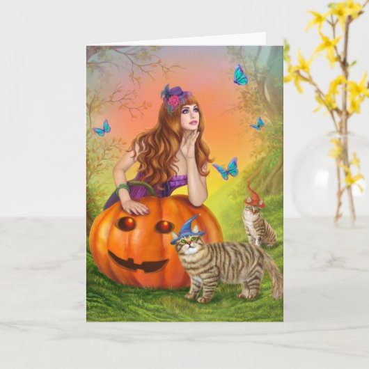 Halloween illustratie Een mooie heks met katten Kaart (Gele Bloem)