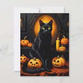 Halloween illustratie met een kat en pompoenen feestdagenkaart