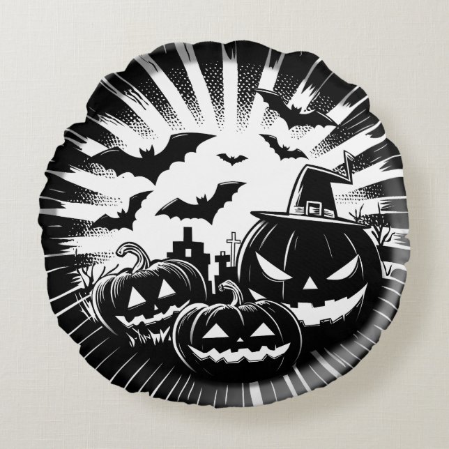 Halloween in black and white rond kussen (Voorkant)