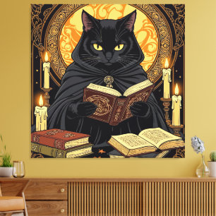 Halloween in hardcover Een kat die boeken leest Canvas Afdruk