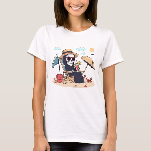 Halloween in Summer – Grim Reaper on the Beach T-shirt (Voorkant)