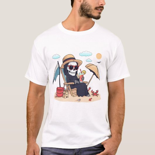 Halloween in Summer – Grim Reaper on the Beach T-shirt (Voorkant)