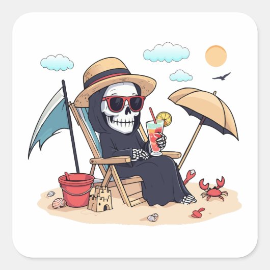 Halloween in Summer – Grim Reaper on the Beach Vierkante Sticker (Voorkant)