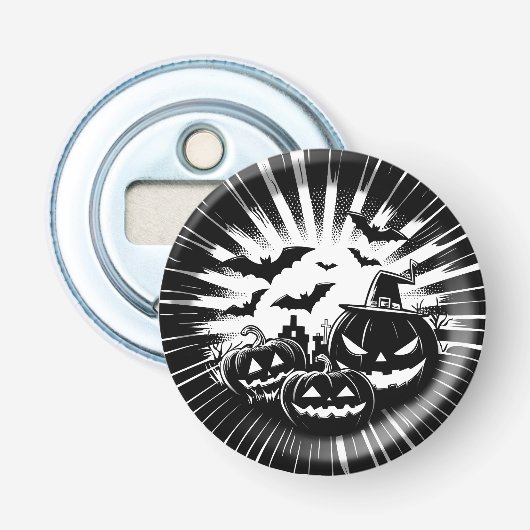 Halloween in zwart en wit button flesopener (Voorkant)