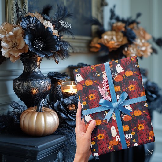 Halloween inpakpapier met spookachtig schattig ont