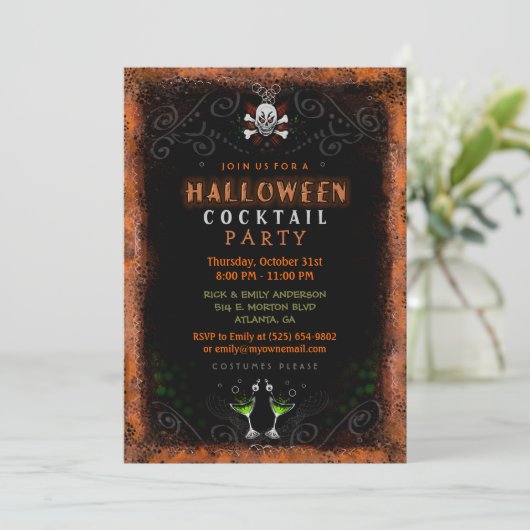 Halloween Invite - Rand met schedel en cocktails Kaart (Staand voorkant)