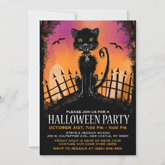 Halloween Invite - Scary Cat in Graveyard Kaart (Voorkant)