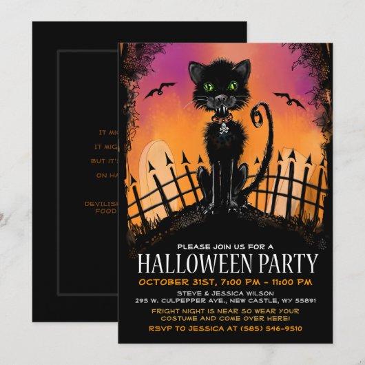 Halloween Invite - Scary Cat in Graveyard Kaart (Voorkant / Achterkant)