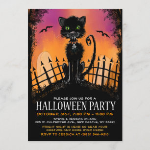 Halloween Invite - Scary Cat in Graveyard Kaart