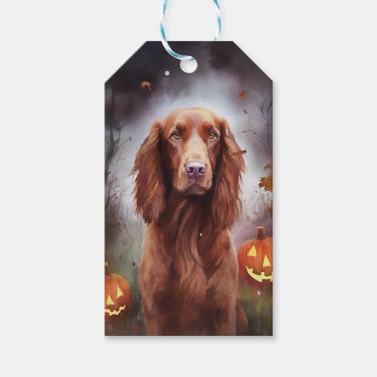 Halloween Irish Red Setter met pompoenen eng Cadeaulabel (Voorkant)