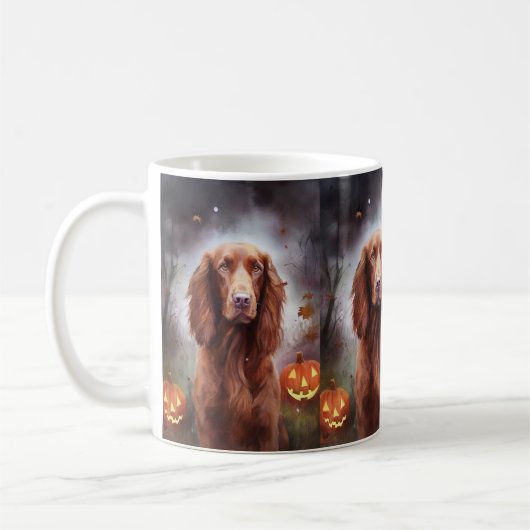 Halloween Irish Red Setter met pompoenen eng Koffiemok (Links)